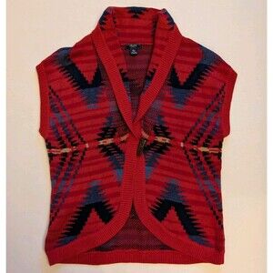 Chaps Denim Aztec Shawl Cardigan Sweater Vest Wmn Lg Southwestern Grandma Goblin